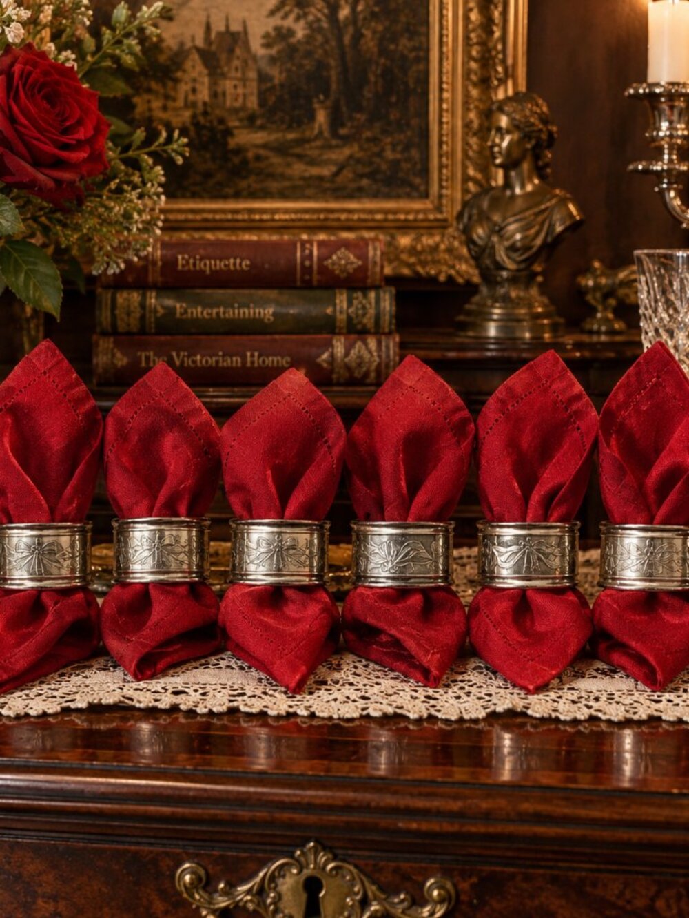 Vintage Silver-Tone Napkin Rings Set of 8 Engraved Bow Ribbon Design Patina